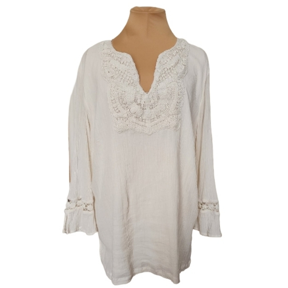 JM Collection Boho Crochet Lace Cotton‎ Tunic Top Cream Peasant Blouse Plus 18